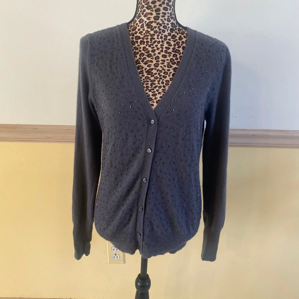 J. Crew Purple Beaded V-Neck Cardigan Sweater Size‎ M Wool Nylon Cashmere Blend